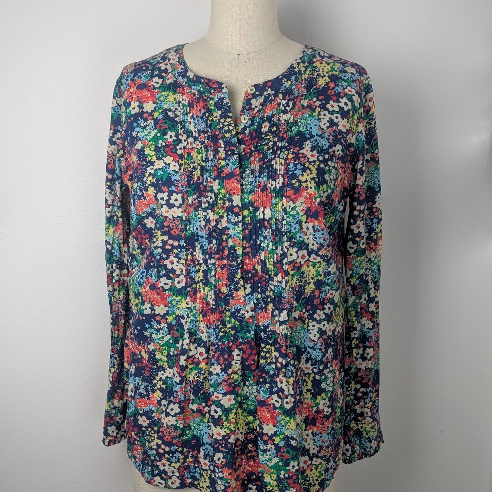 Cotton Floral Blouse Long Sleeve Pin Tuck Collar Talbots M Navy Blue Women's Top